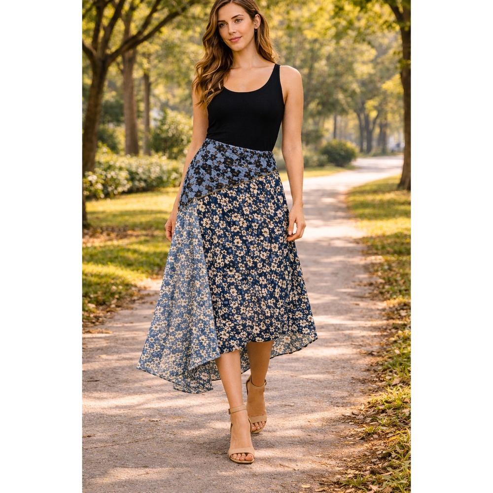 NWT Philosophy Republic Clothing Asymmetrical Midi Skirt Blue Floral Patchwork L